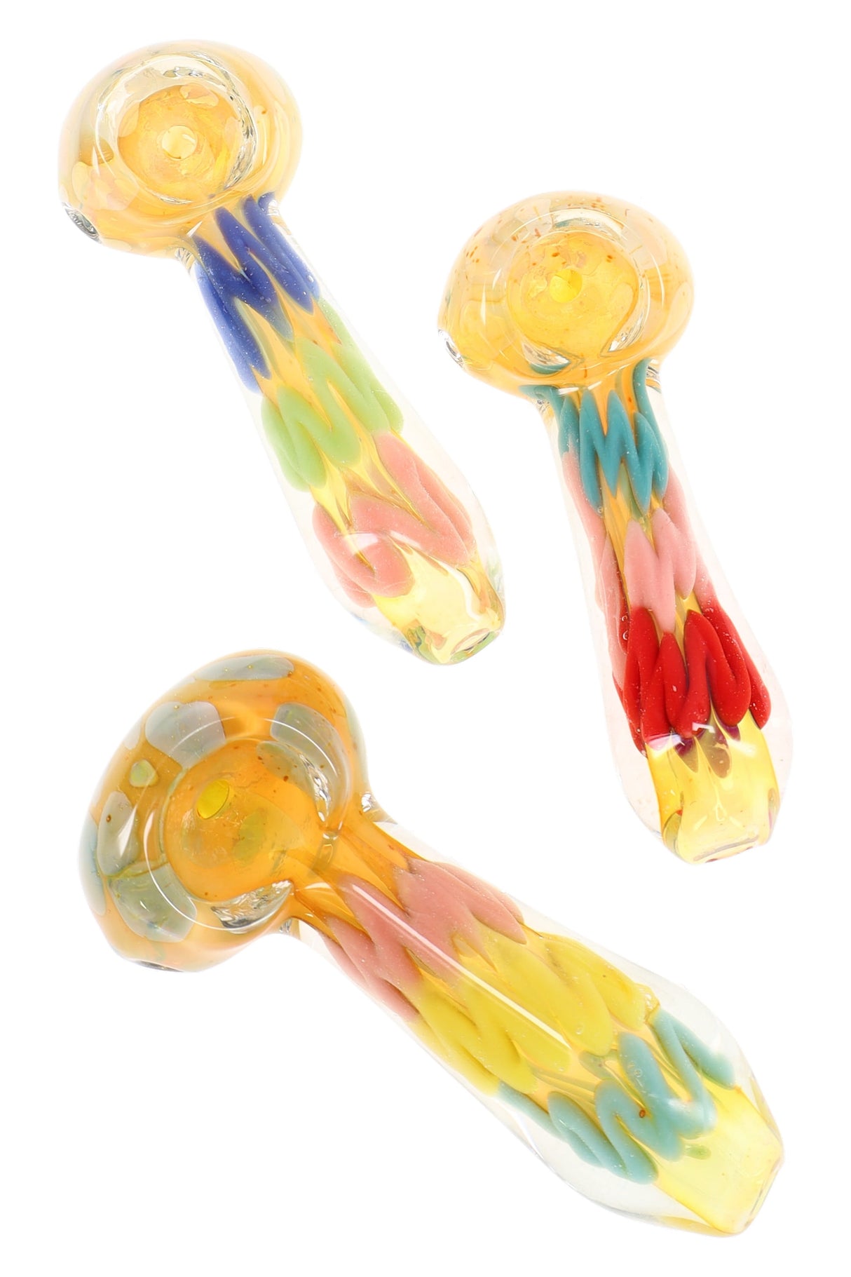 Assorted colorful squiggle striped color-changing glass hand pipes, three unique patterns shown on white background