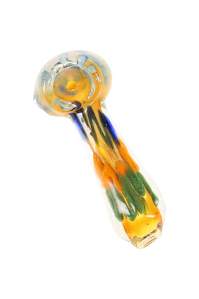 Color-changing glass hand pipe with orange bowl and green squiggle stripes on a clear body, approx. 3½″ long