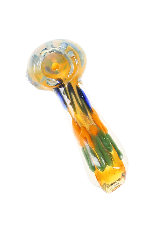 Color-changing glass hand pipe with orange bowl and green squiggle stripes on a clear body, approx. 3½″ long