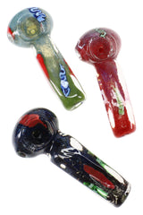 Assorted square silver fumed frit glass hand pipes with squiggle stripe accents, three colorways shown on white