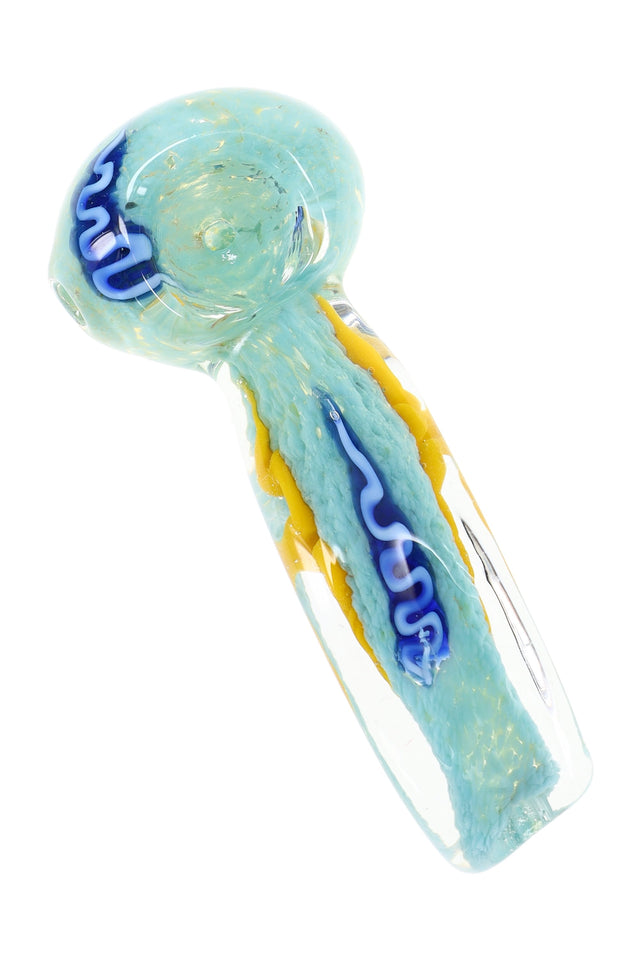 Square silver fumed frit hand pipe in light aqua with yellow and blue squiggle stripe detail and rounded bowl