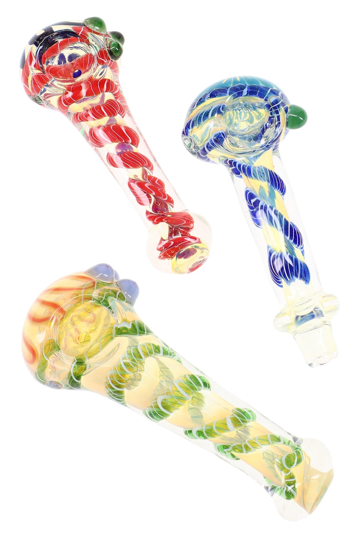 Assorted swirl striped color-changing glass hand pipes in red, blue, and green spiral designs on white background