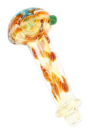 Color-changing swirl striped glass hand pipe with amber-tinted bowl and green accent nub, approx. 4″ long