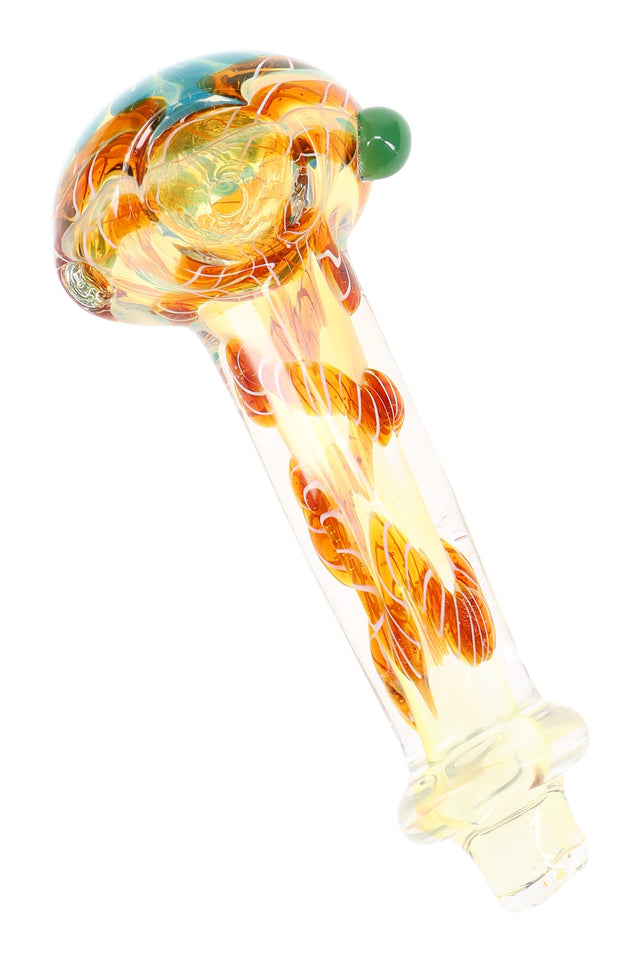 Color-changing swirl striped glass hand pipe with amber-tinted bowl and green accent nub, approx. 4″ long
