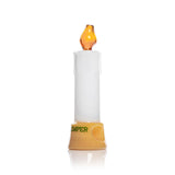 Full-length Hemper candle glass hand pipe showing drip texture, opaque white body, amber flame top, gold base
