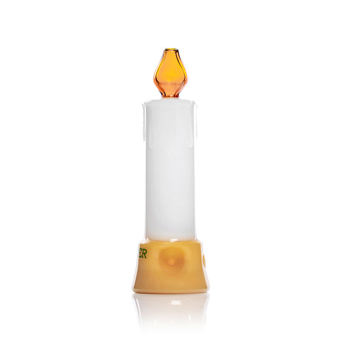 Centered view of Hemper candle hand pipe highlighting gold base and logo decal, white drip body with amber top