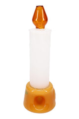 Front view of white candle-style glass hand pipe with amber flame mouthpiece and gold foot, Hemper branding