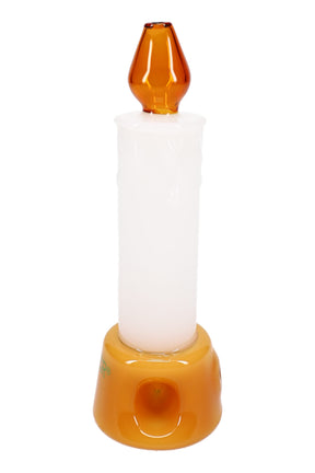 Front view of white candle-style glass hand pipe with amber flame mouthpiece and gold foot, Hemper branding