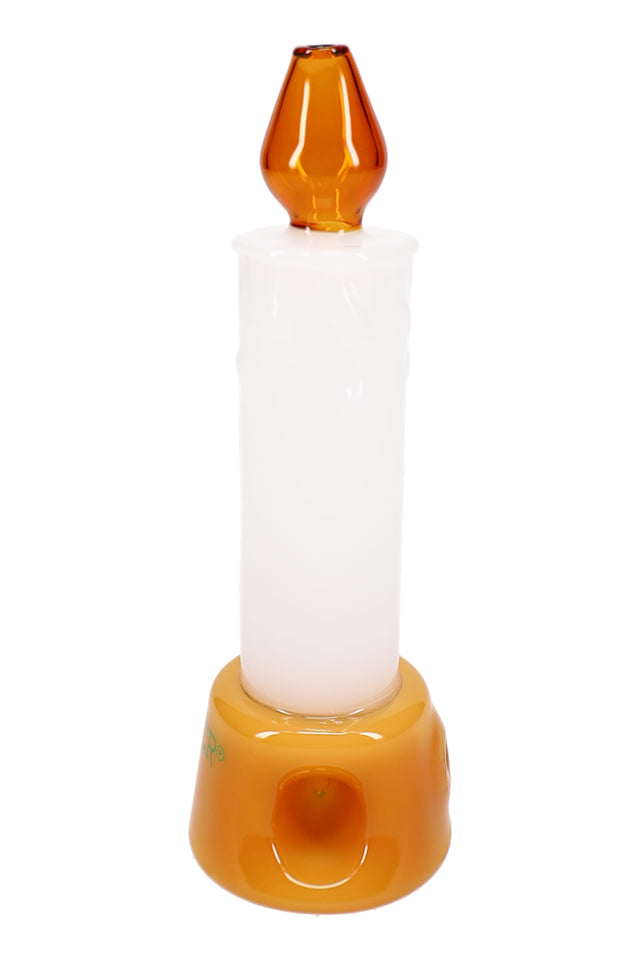 Front view of white candle-style glass hand pipe with amber flame mouthpiece and gold foot, Hemper branding