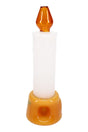 Front view of white candle-style glass hand pipe with amber flame mouthpiece and gold foot, Hemper branding