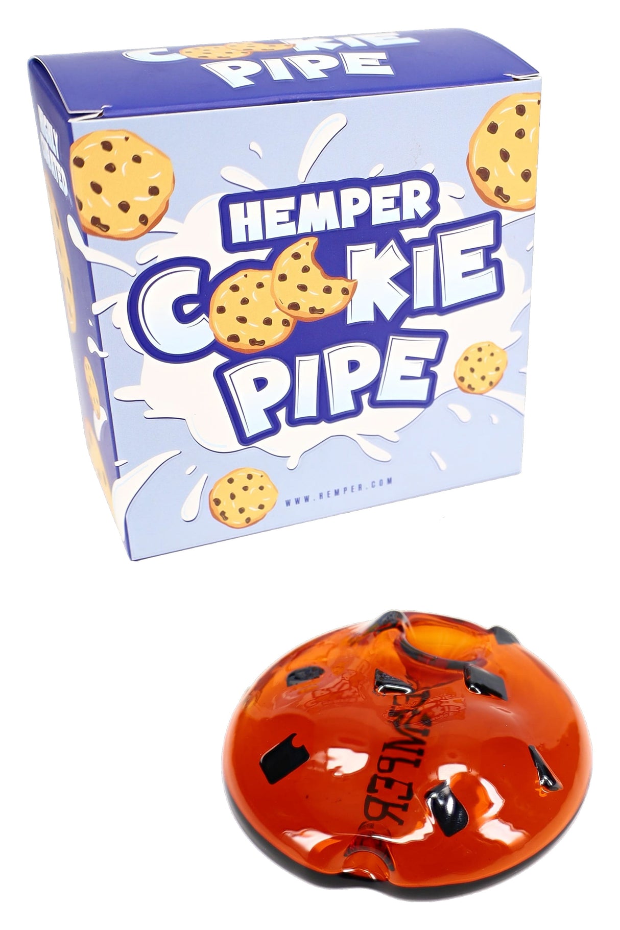 Hemper Cookie glass hand pipe with retail box, amber cookie shape and dark chip accents, compact novelty pipe display