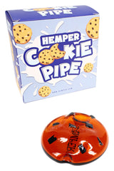 Hemper Cookie glass hand pipe with retail box, amber cookie shape and dark chip accents, compact novelty pipe display
