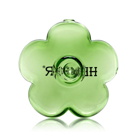 Front view of transparent green flower hand pipe showing symmetrical petals and compact size for easy grip and storage