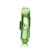 Side profile of green flower-shaped glass hand pipe showing thickness, mouthpiece angle, and petal edge detailing