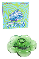 Hemper Groovy green flower glass hand pipe with retail box, transparent green blossom design for a compact daily carry