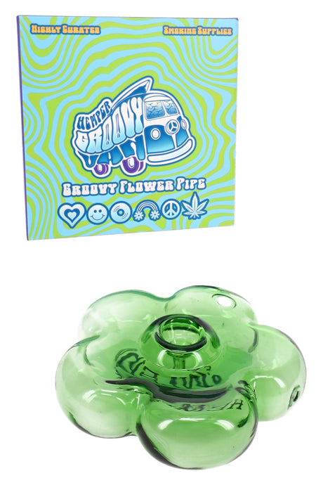 Hemper Groovy green flower glass hand pipe with retail box, transparent green blossom design for a compact daily carry