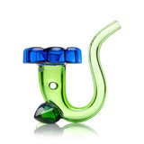 Profile of green Sherlock glass hand pipe highlighting side carb hole and blue flower bowl cap for airflow control