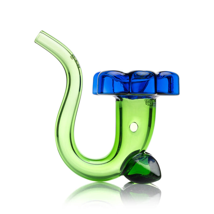 Front view of Hemper Bloom Sherlock hand pipe with logo on mouthpiece, green curved glass and blue flower bowl top
