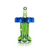 Close-up angle of green Sherlock hand pipe with blue flower bowl detail, glossy glass finish and curved mouthpiece