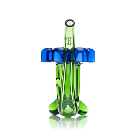 Close-up angle of green Sherlock hand pipe with blue flower bowl detail, glossy glass finish and curved mouthpiece