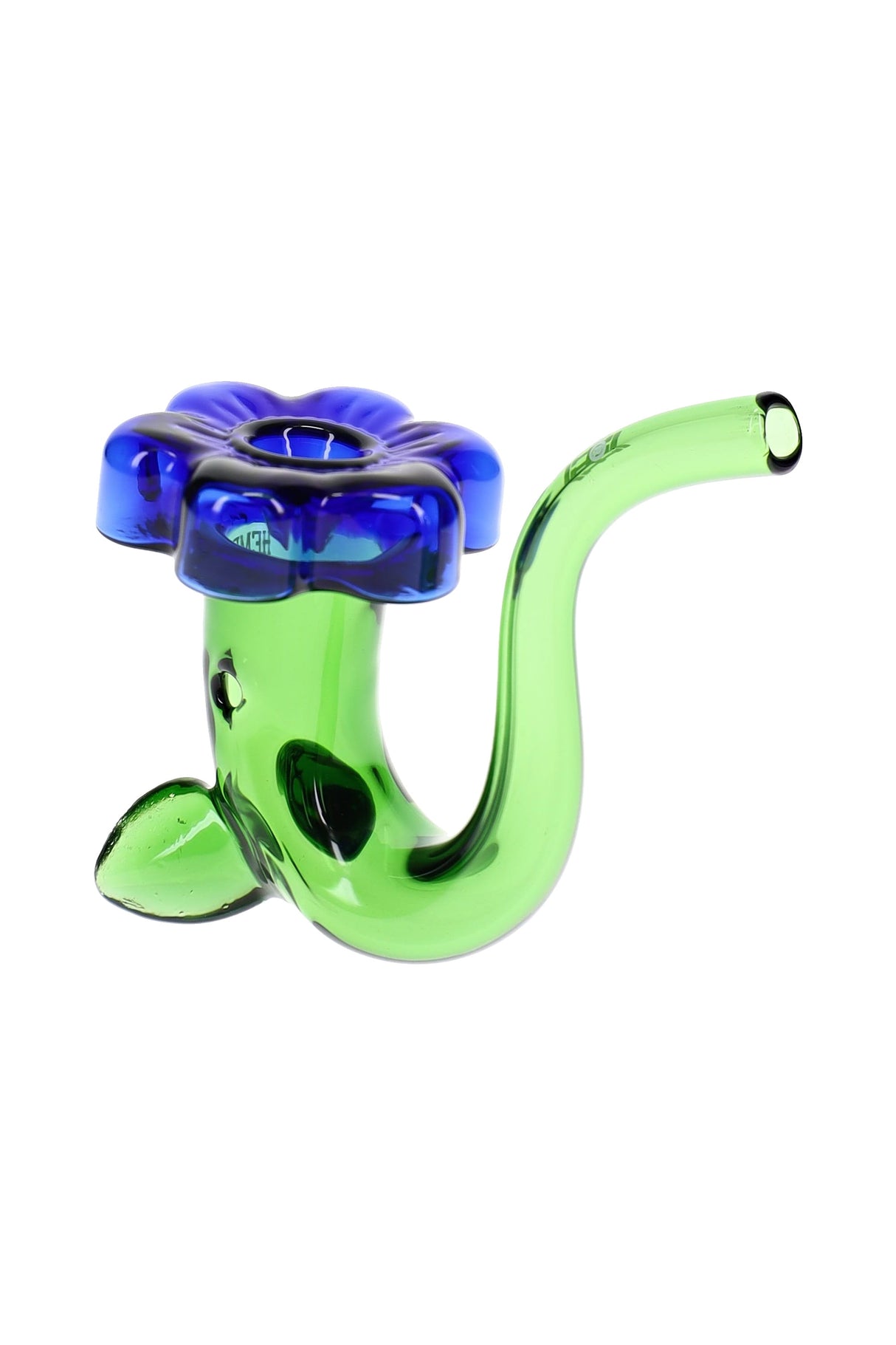 Side view of green Sherlock-style glass hand pipe with blue flower-top bowl, curved stem and compact profile