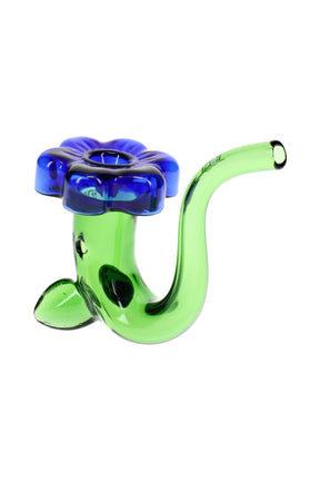 Side view of green Sherlock-style glass hand pipe with blue flower-top bowl, curved stem and compact profile