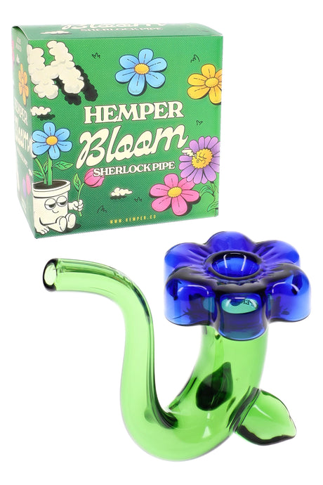 Hemper Bloom Sherlock glass hand pipe in branded box, green body with blue flower bowl for a giftable counter-ready look