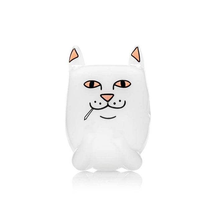 Front view of white Lord Nermal cat glass hand pipe body showing character silhouette and printed face on smooth glass