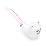 Close angled shot of Lord Nermal cat glass hand pipe with pink mouthpiece curve and crisp printed facial details