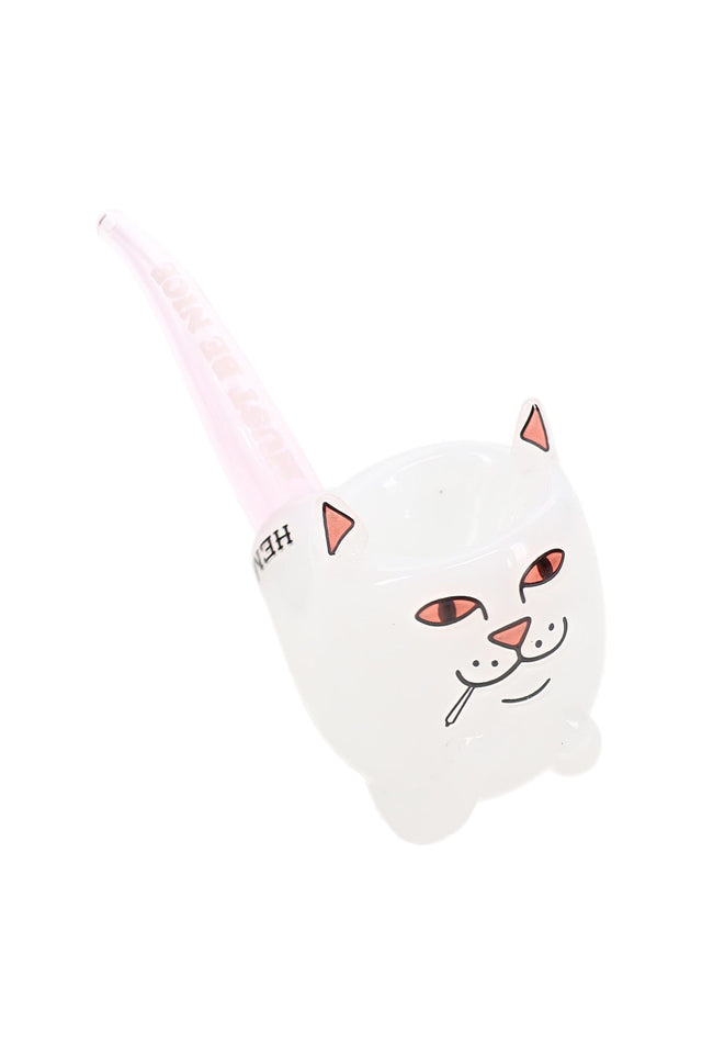 Angled view of white Lord Nermal cat glass hand pipe with pink-tinted Sherlock mouthpiece and printed face details