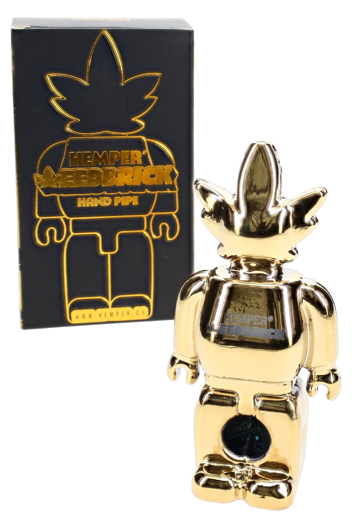 Hemper Weedbrick glass hand pipe with retail box, mirror-gold character design and dark bowl detail on white