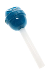 Blue Razz blue glass lollipipe with white stem and left-side carb shown in angled product view