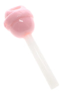 Cotton Candy pink glass lollipipe with white stem and round candy bowl shown in angled product view