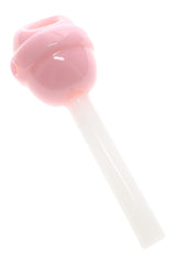 Cotton Candy pink glass lollipipe with white stem and round candy bowl shown in angled product view