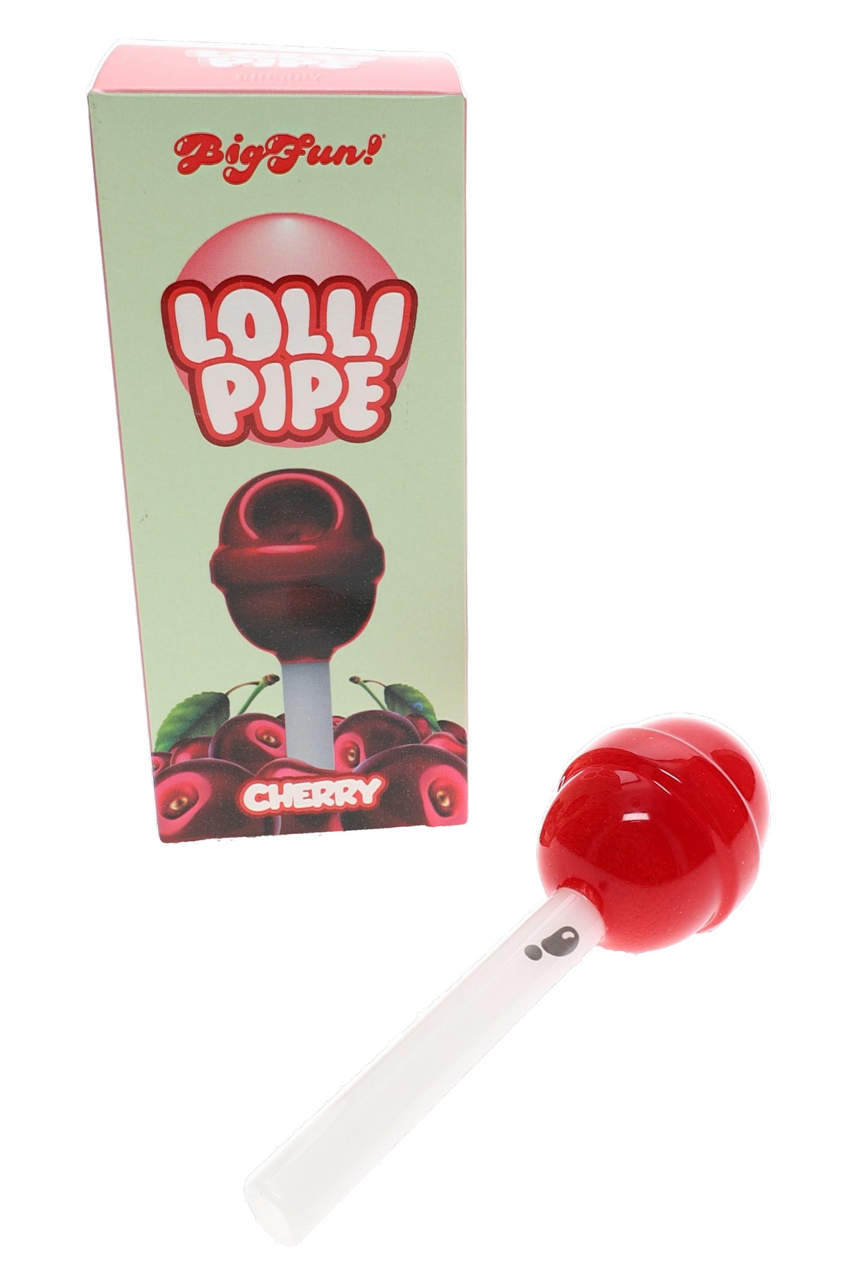 BigFun glass lollipipe with retail box and cherry-red candy design shown in packaged front view