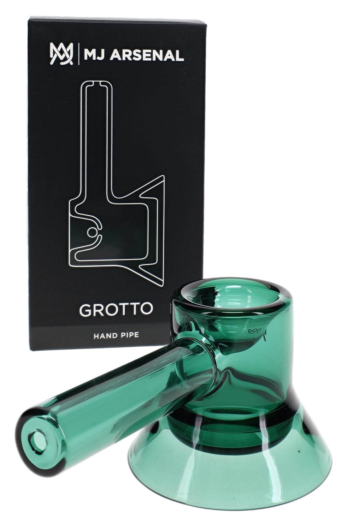 Boxed MJ Arsenal Grotto hand pipe in borosilicate glass shown in retail packaging view