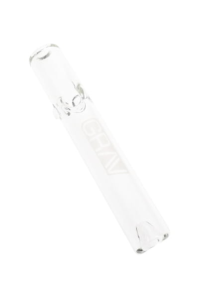 Clear 4.5″ GRAV mini steamroller hand pipe with stabilizing feet shown in close-up side view