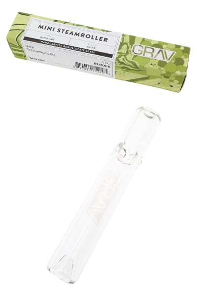 GRAV clear glass mini steamroller hand pipe with branded retail box shown in angled product view