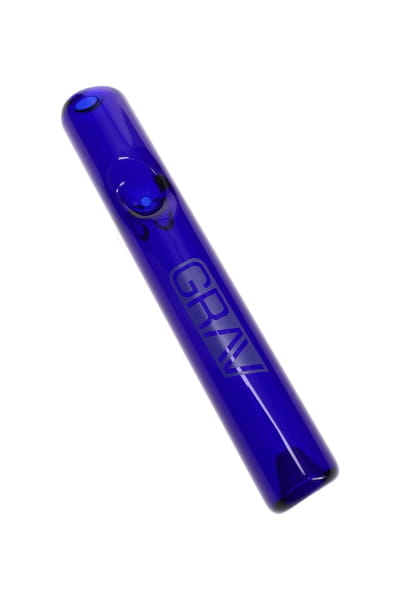 Cobalt blue glass mini steamroller hand pipe with GRAV logo and raised bowl, shown in angled close-up view