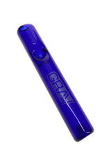 Cobalt blue glass mini steamroller hand pipe with GRAV logo and raised bowl, shown in angled close-up view