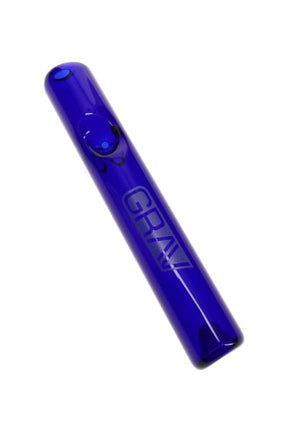 Cobalt blue glass mini steamroller hand pipe with GRAV logo and raised bowl, shown in angled close-up view
