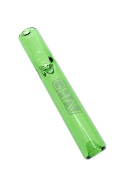 Green glass mini steamroller hand pipe with side bowl and GRAV logo, shown in angled product view