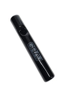 Black glass mini steamroller hand pipe with glossy finish and GRAV logo, shown in angled side view