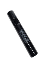 Black glass mini steamroller hand pipe with glossy finish and GRAV logo, shown in angled side view