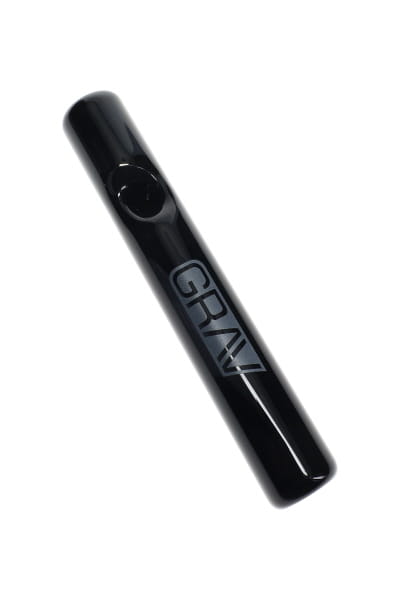 Black glass mini steamroller hand pipe with glossy finish and GRAV logo, shown in angled side view