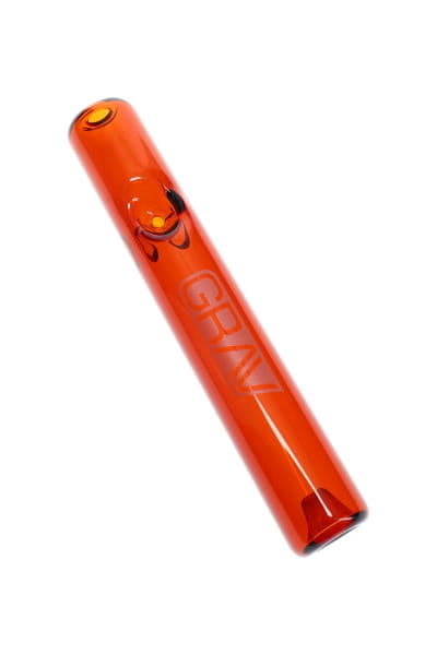 Amber glass mini steamroller hand pipe with side bowl and GRAV logo, shown in angled product view