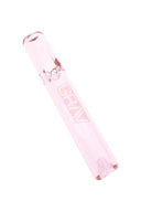 Light pink glass mini steamroller hand pipe with raised bowl and GRAV logo, shown in angled side view