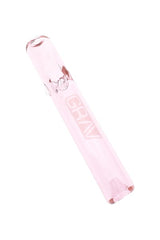 Light pink glass mini steamroller hand pipe with raised bowl and GRAV logo, shown in angled side view