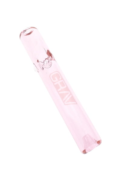 Light pink glass mini steamroller hand pipe with raised bowl and GRAV logo, shown in angled side view