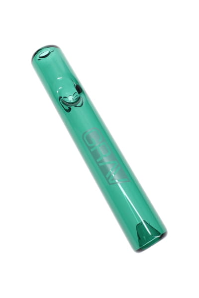 Teal glass mini steamroller hand pipe with side bowl and GRAV logo, shown in angled product view